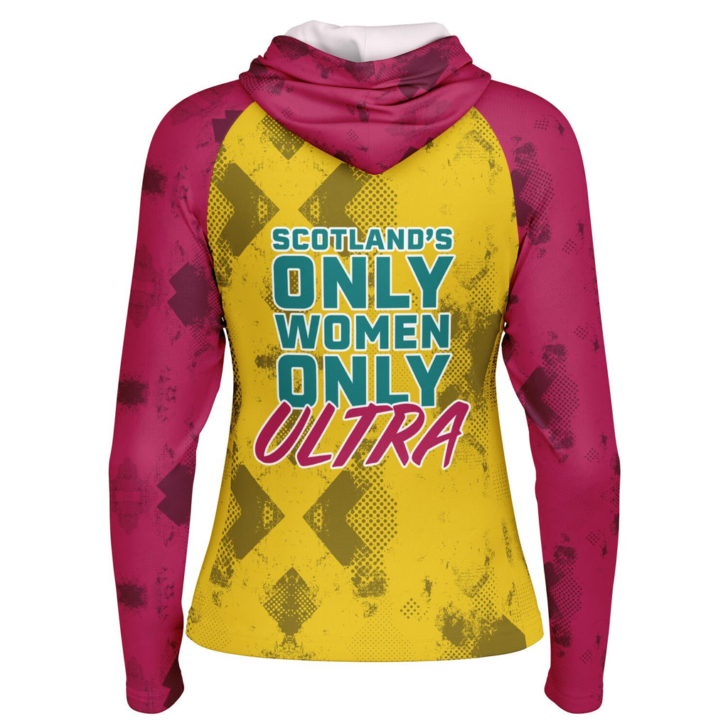 River Tay Way - Women's Long Sleeve Hooded Performance Shirt - Yellow & Burgundy