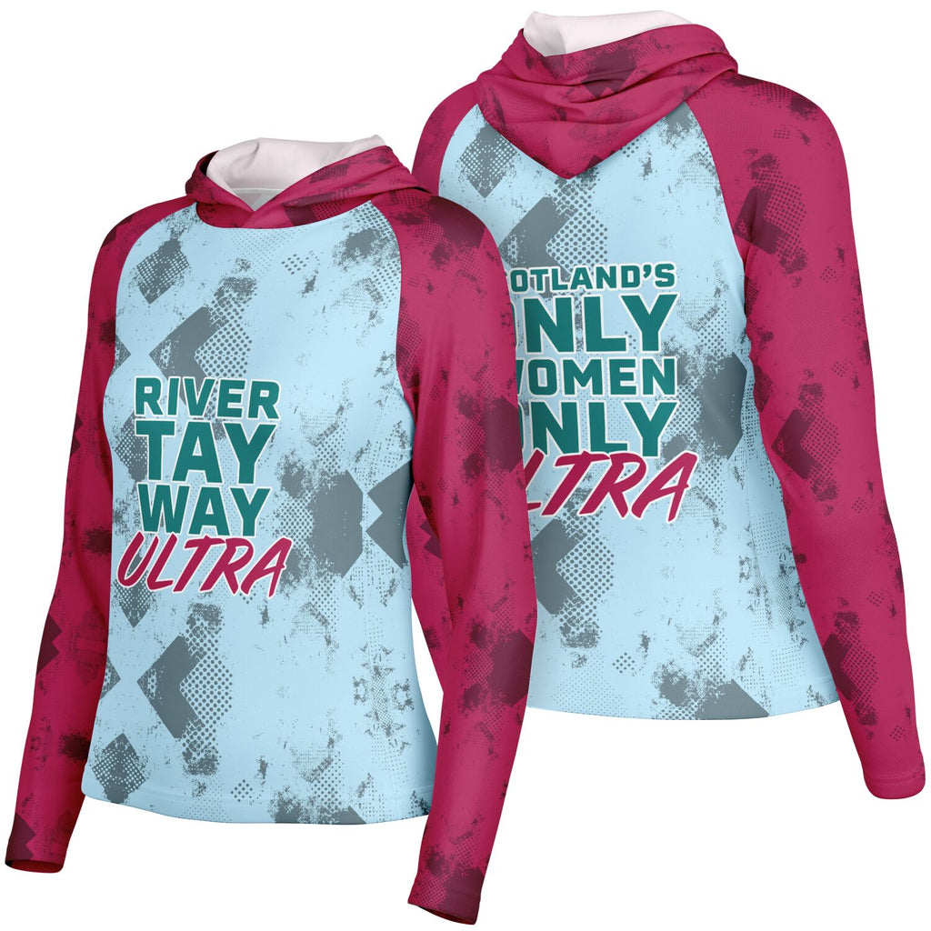 River Tay Way - Women's Long Sleeve Hooded Performance Shirt - Blue & Burgundy