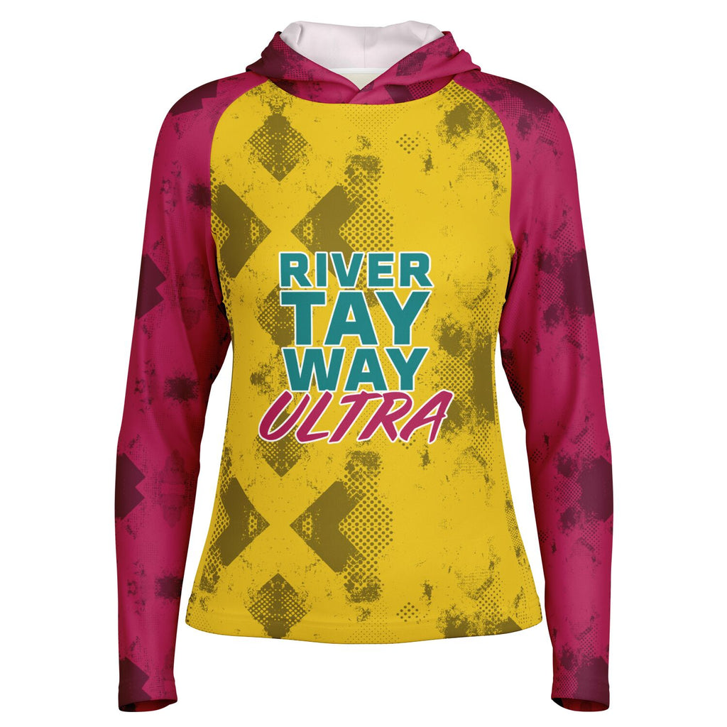 River Tay Way - Women's Long Sleeve Hooded Performance Shirt - Yellow & Burgundy