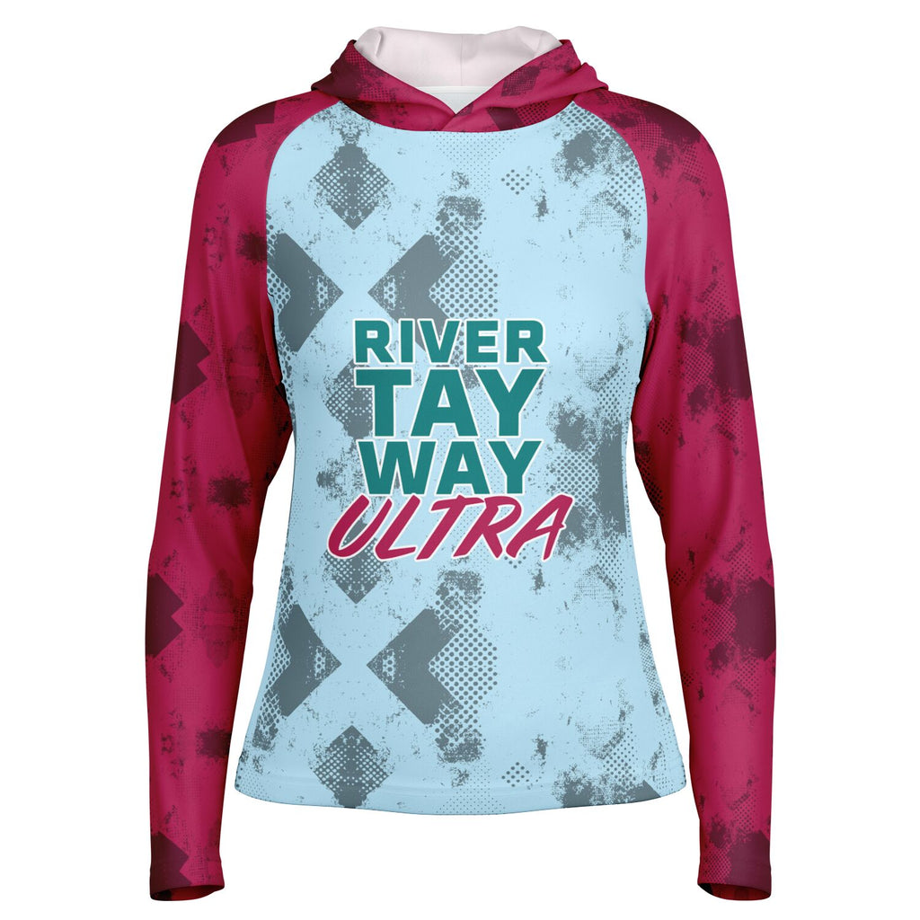 River Tay Way - Women's Long Sleeve Hooded Performance Shirt - Blue & Burgundy