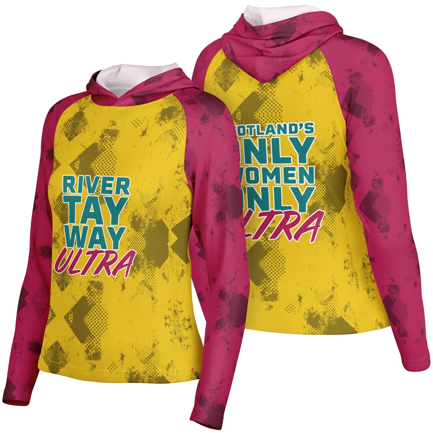 River Tay Way - Women's Long Sleeve Hooded Performance Shirt - Yellow & Burgundy